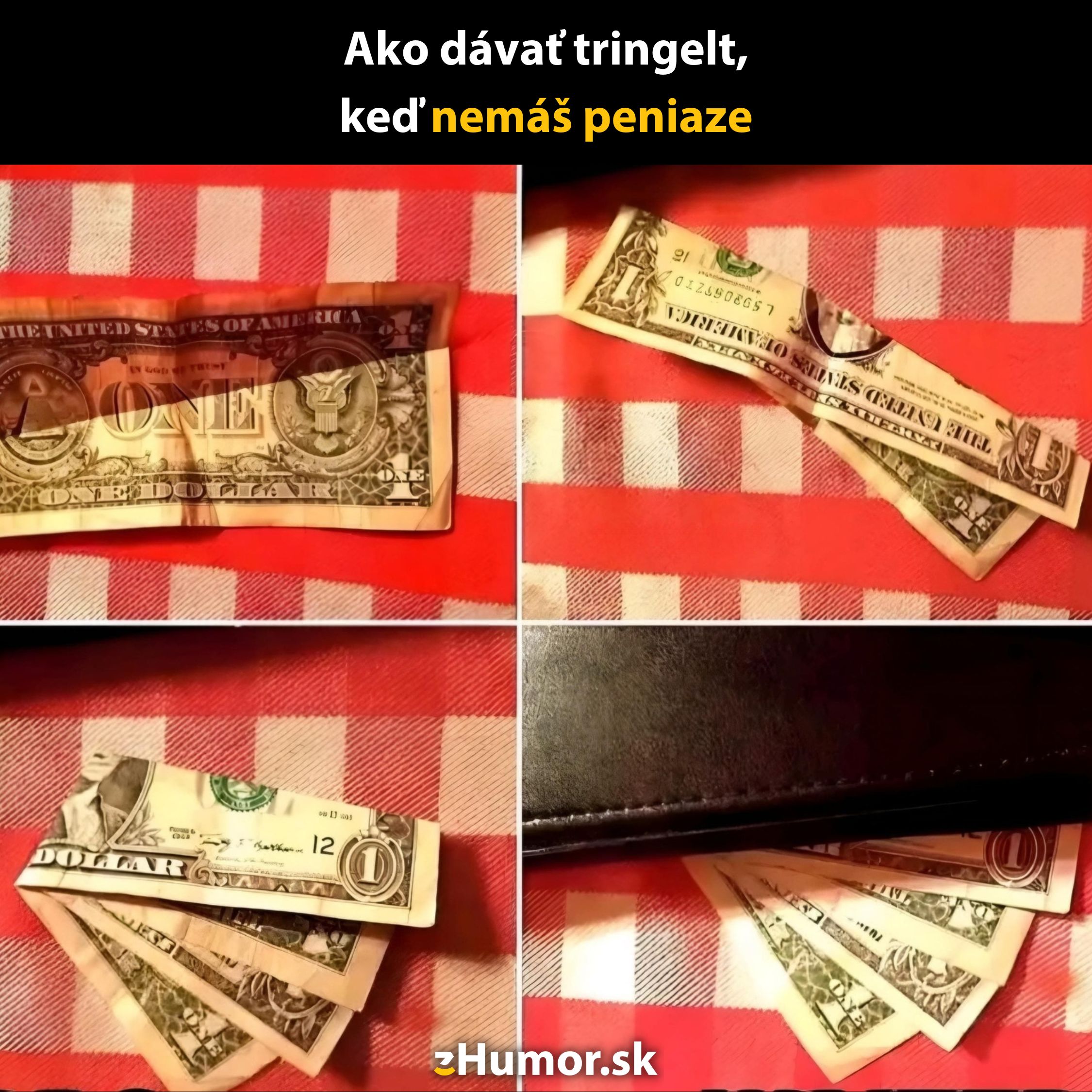 Bankovky zložené do tvaru pre tringelt na červenej károvanej uterke.