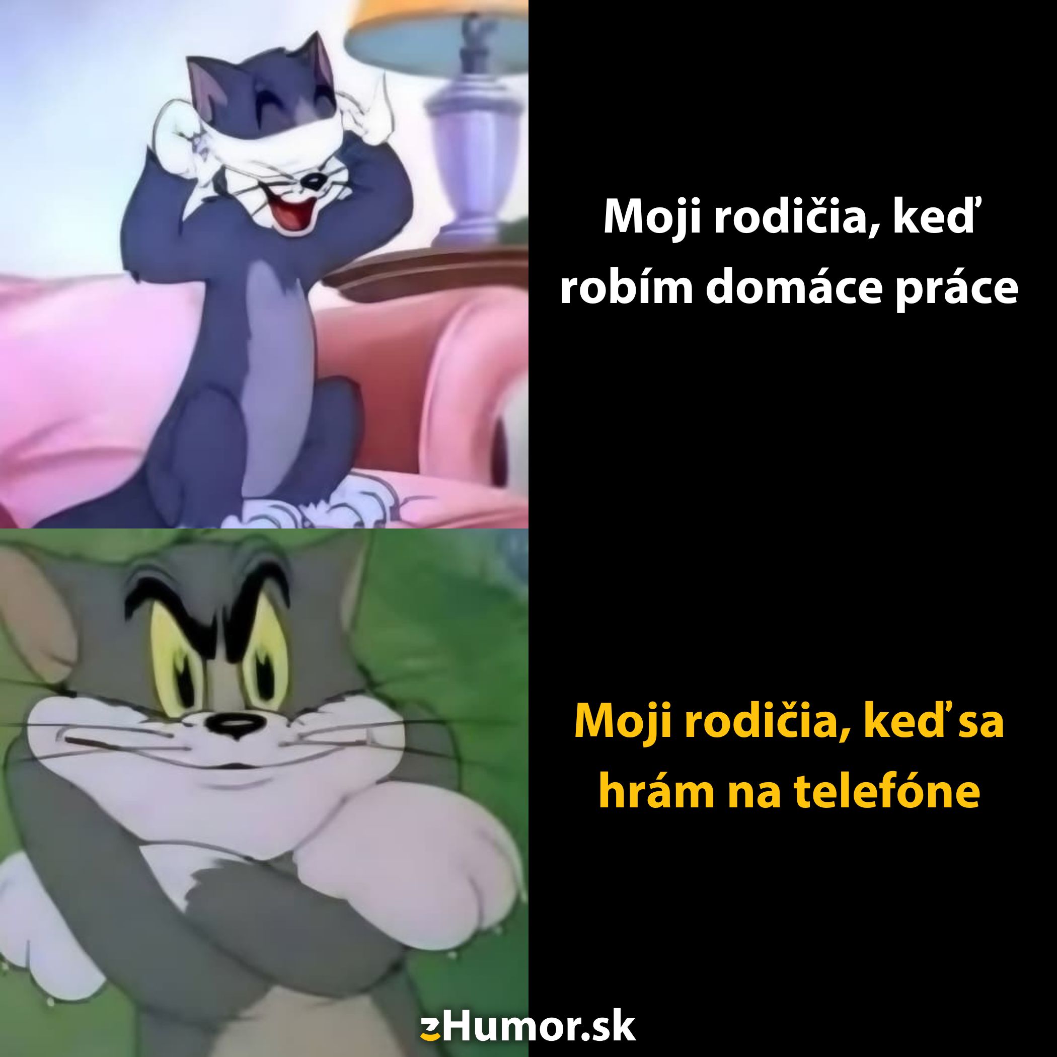 Kreslený kocúr reaguje na domáce práce a hranie na telefóne rozdielnymi emóciami.