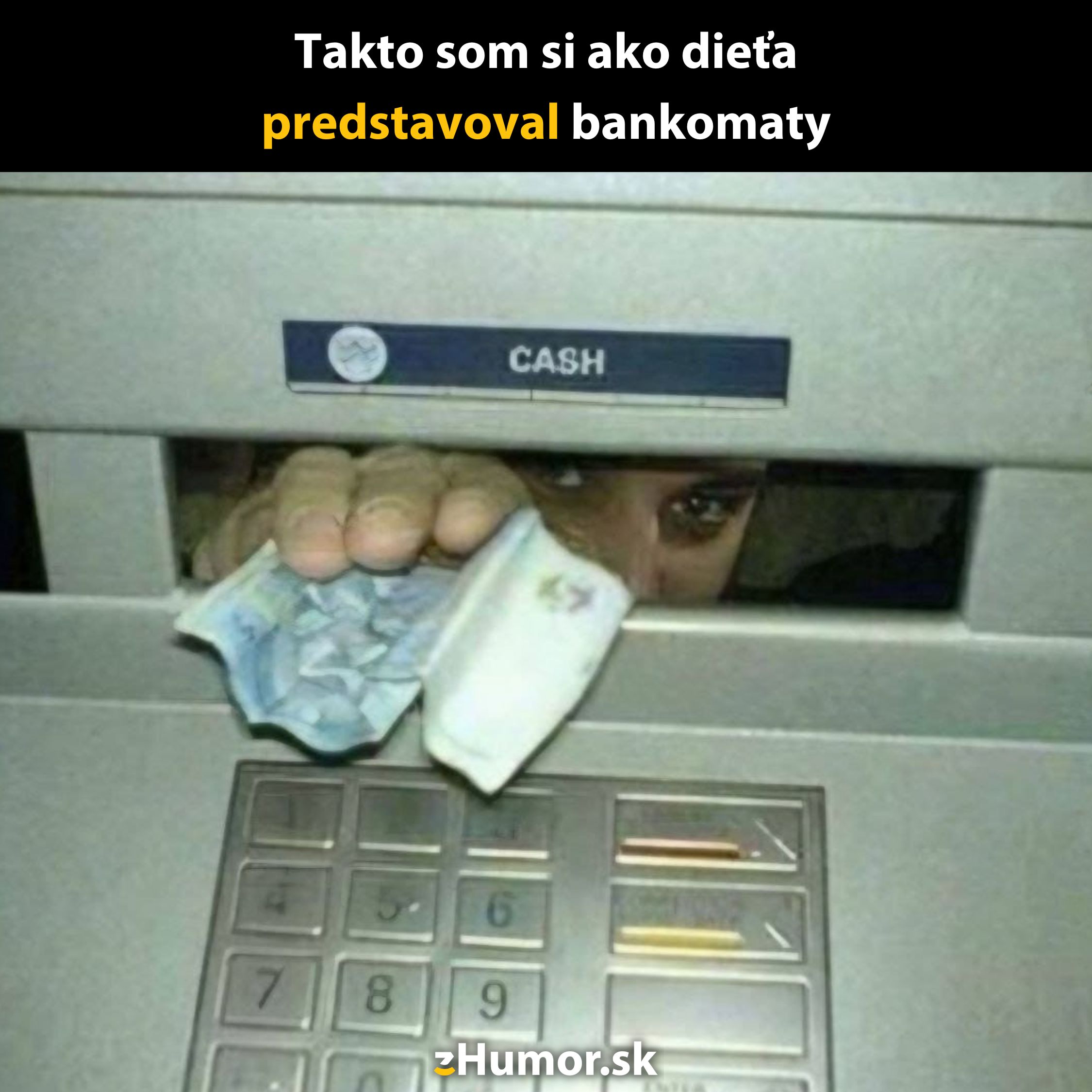 Dieťa sníva o bankomate: oslava detskej predstavivosti, kde peniaze ruku podávajú priamo z automatu.