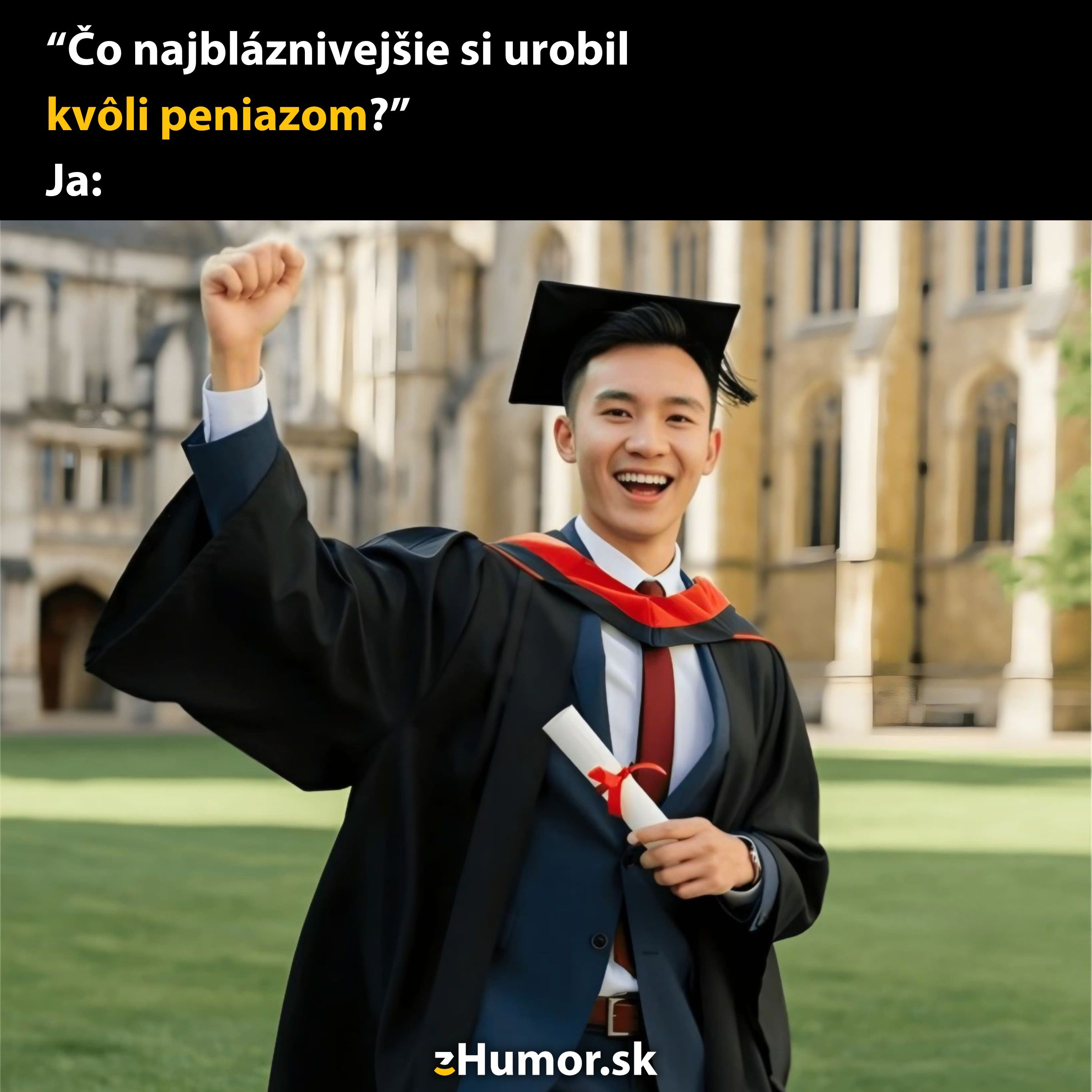 Mladý absolvent univerzity oslavuje promóciu na slnečnom nádvorí s diplomom v ruke.