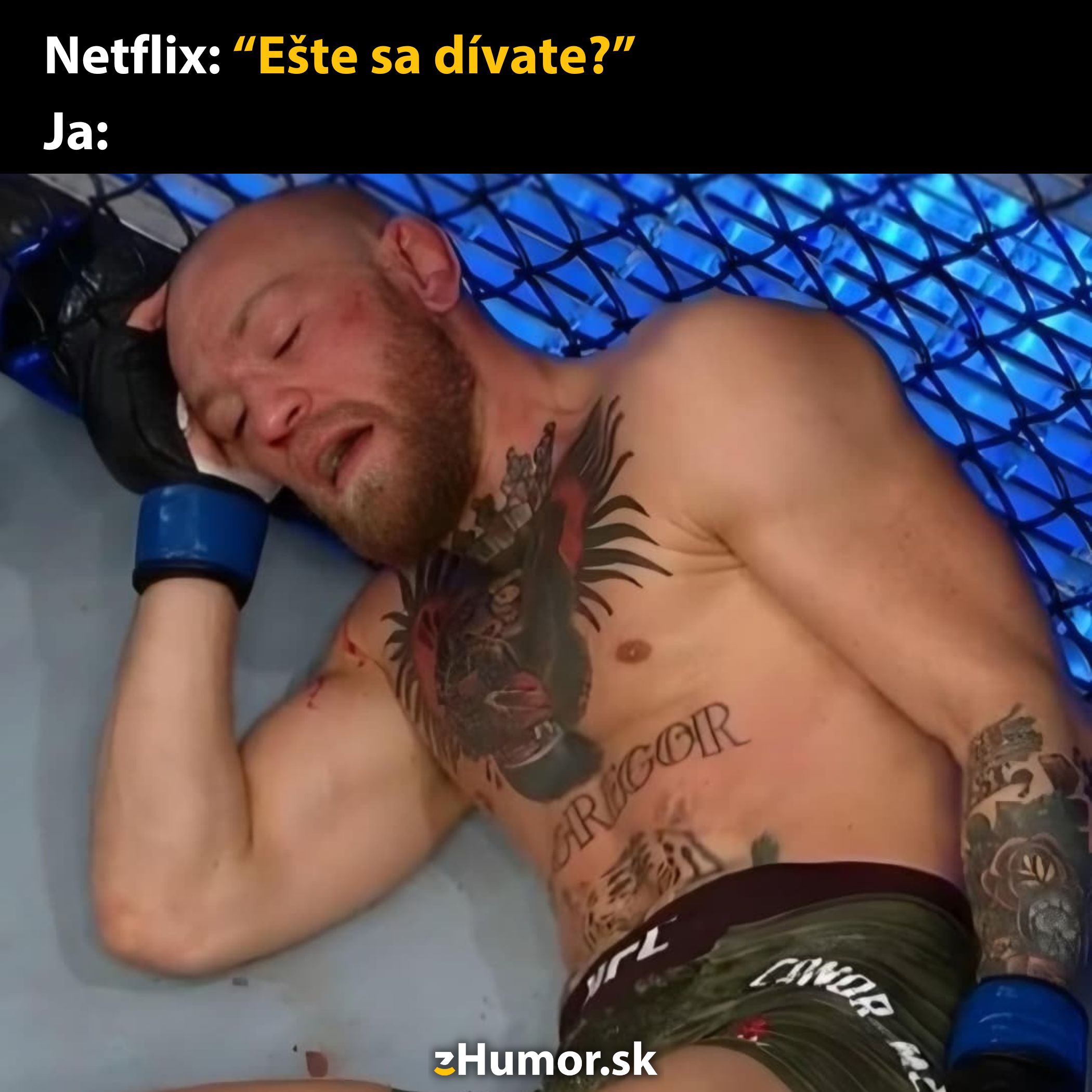 Bojovník leží na podlahe klietky, vyčerpaný po zápase v MMA, s humoristickým nápisom o Netflixe.