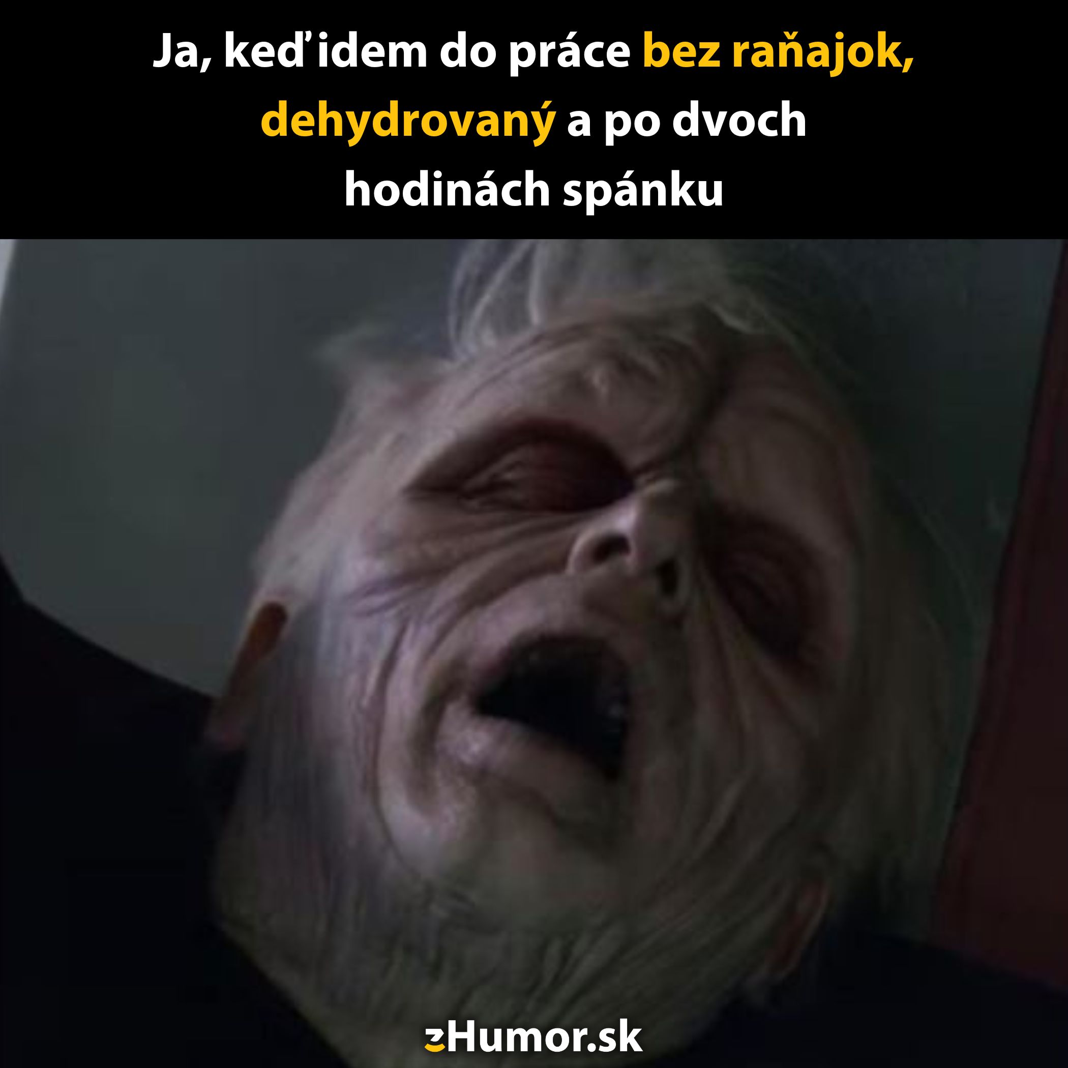Vtipný obrázok znázorňuje unaveného muža bez raňajok a spánku, cíti sa ako z hororu.