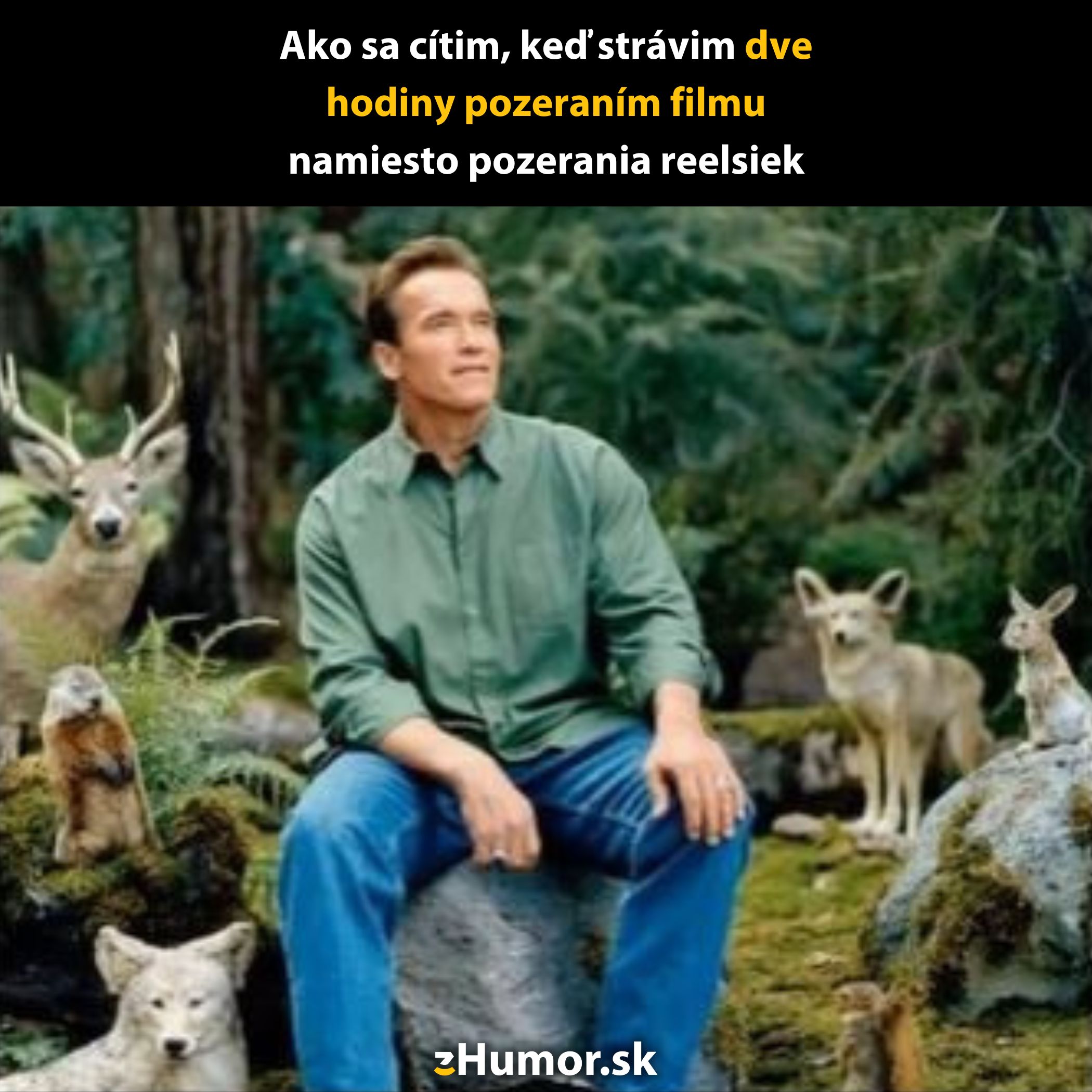 Muž v prírode sedí obklopený zvieratami, vyžaruje pokoj a harmóniu, označenie: humor, filmy vs. sociálne médiá.