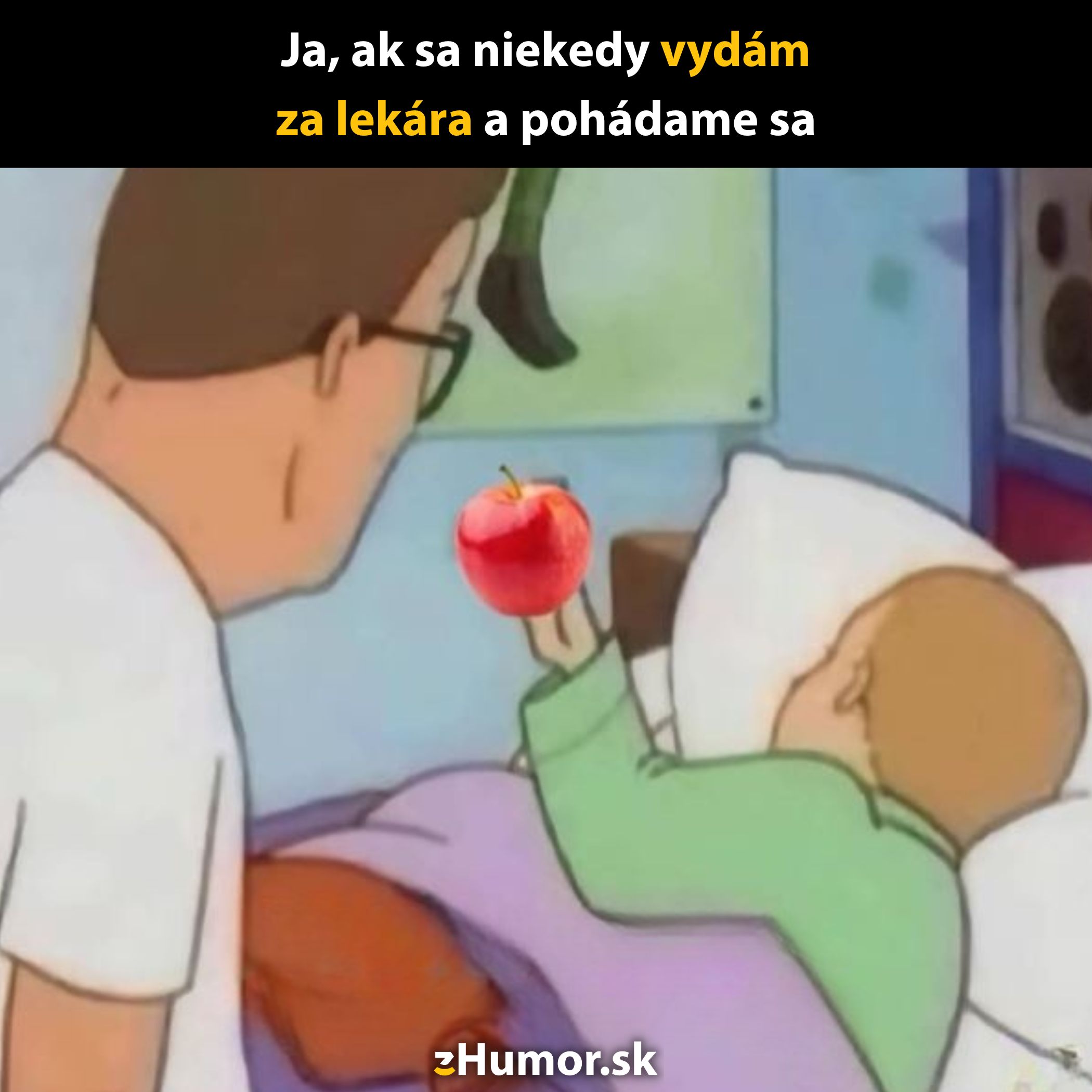 Muž drží jablko ako symbol zmierenia s partnerkou v posteli po hádke s lekárom.