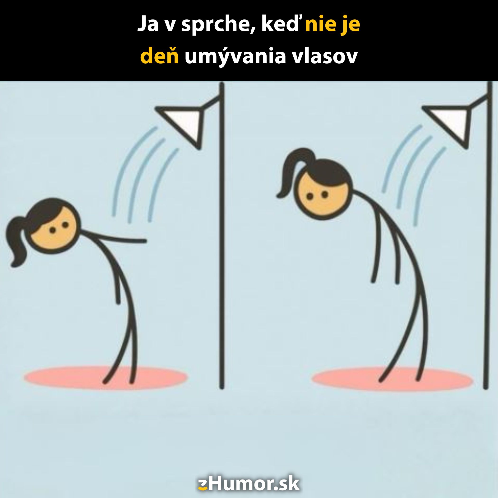 Ilustrácia osoby v sprche, ktorá sa snaží udržať vlasy suché, keď nie je deň umývania.