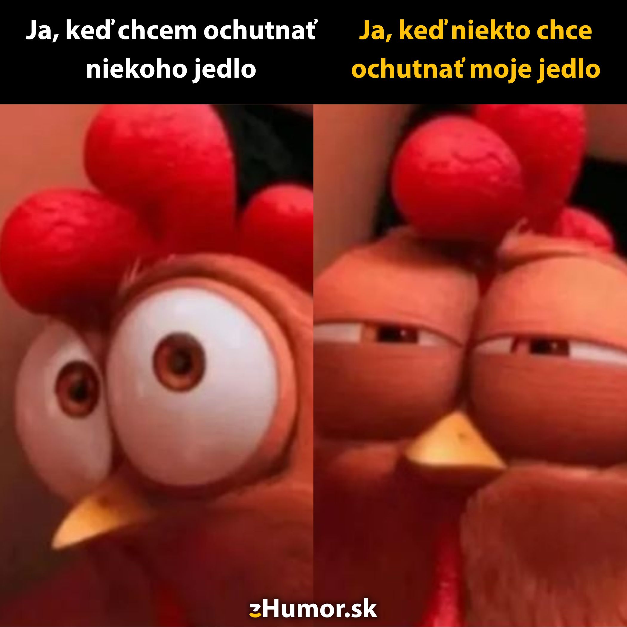 Slepica s rôznymi výrazmi tváre: zvedavosť, keď chce niečo ochutnať, a ostražitosť, keď jej niekto chce jedlo vziať.