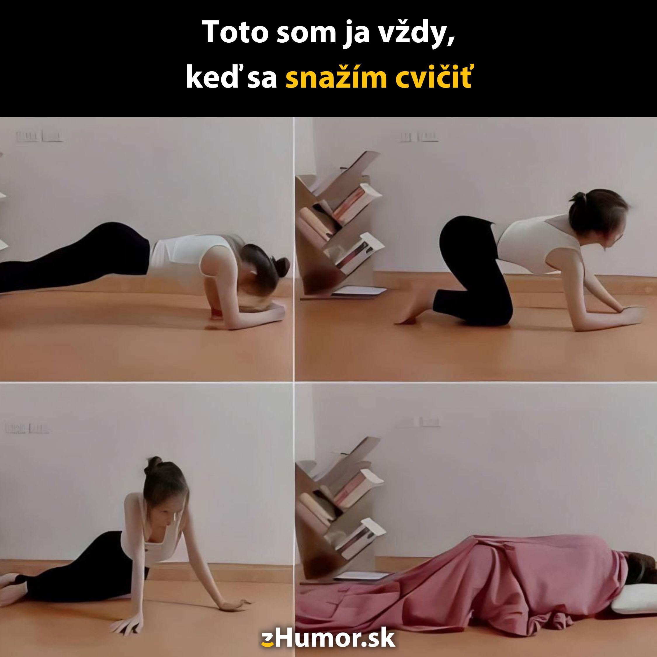 Žena sa snaží cvičiť, postupne unavená skončí ležať pod dekou na zemi.