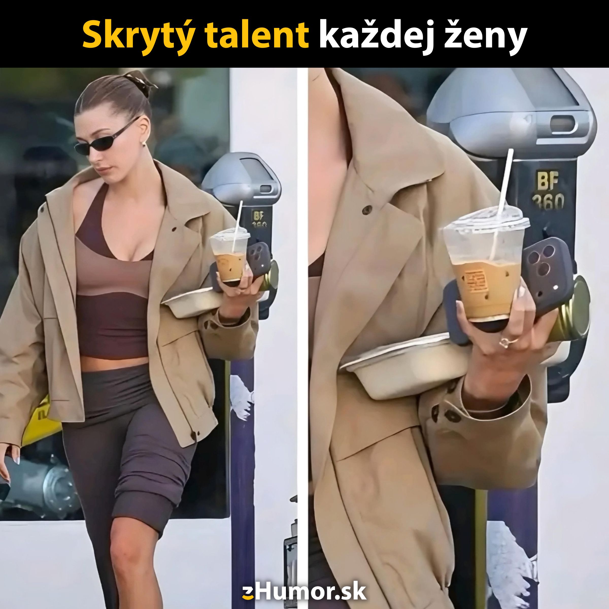 Žena nesie kávu, mobil a jedlo v rukách, vyjadrujúc zručnosť multitaskingu.