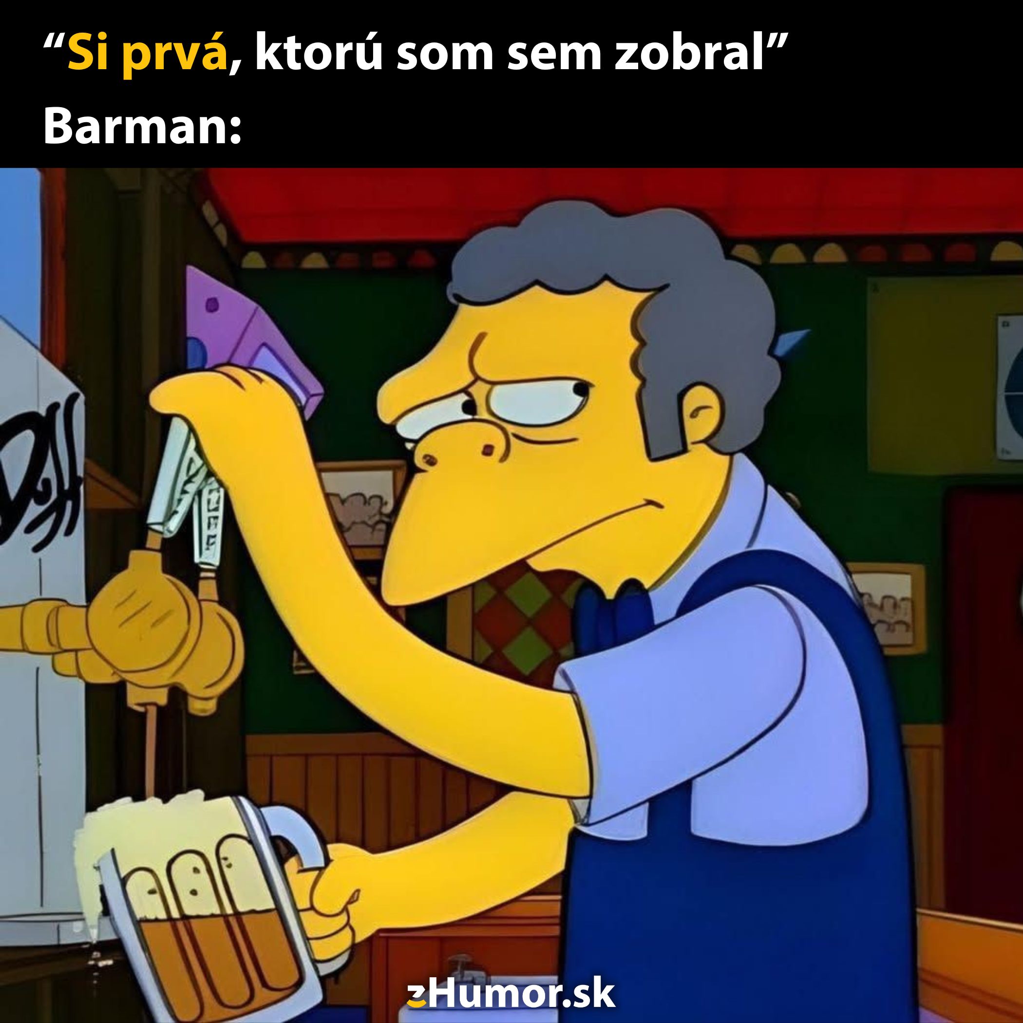 Barman z obľúbenej animovanej série nalieva pivo s ironickým výrazom.