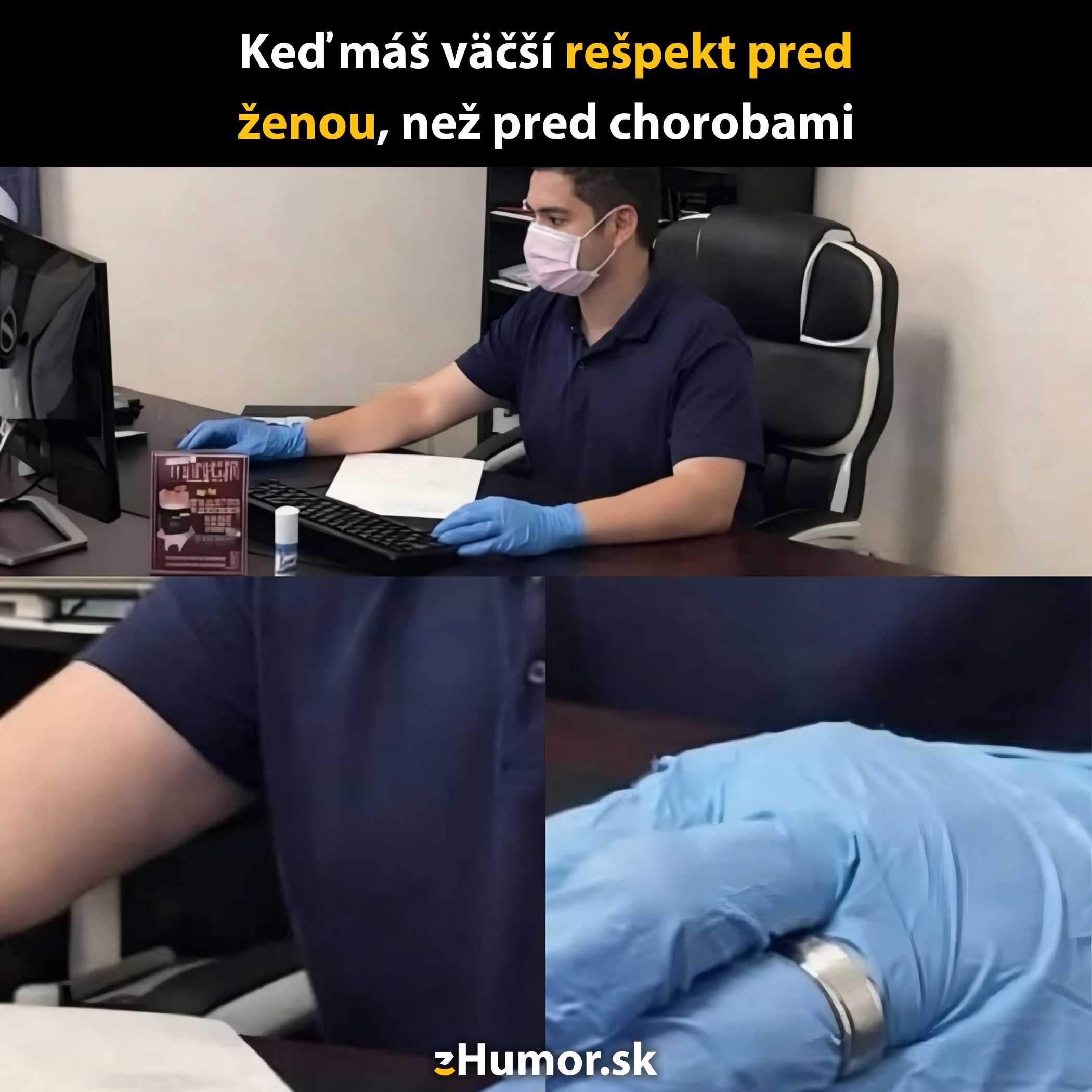 Muž s rúškom a rukavicami pracuje pri počítači, chráni snubný prsteň humorne pred chorobami.