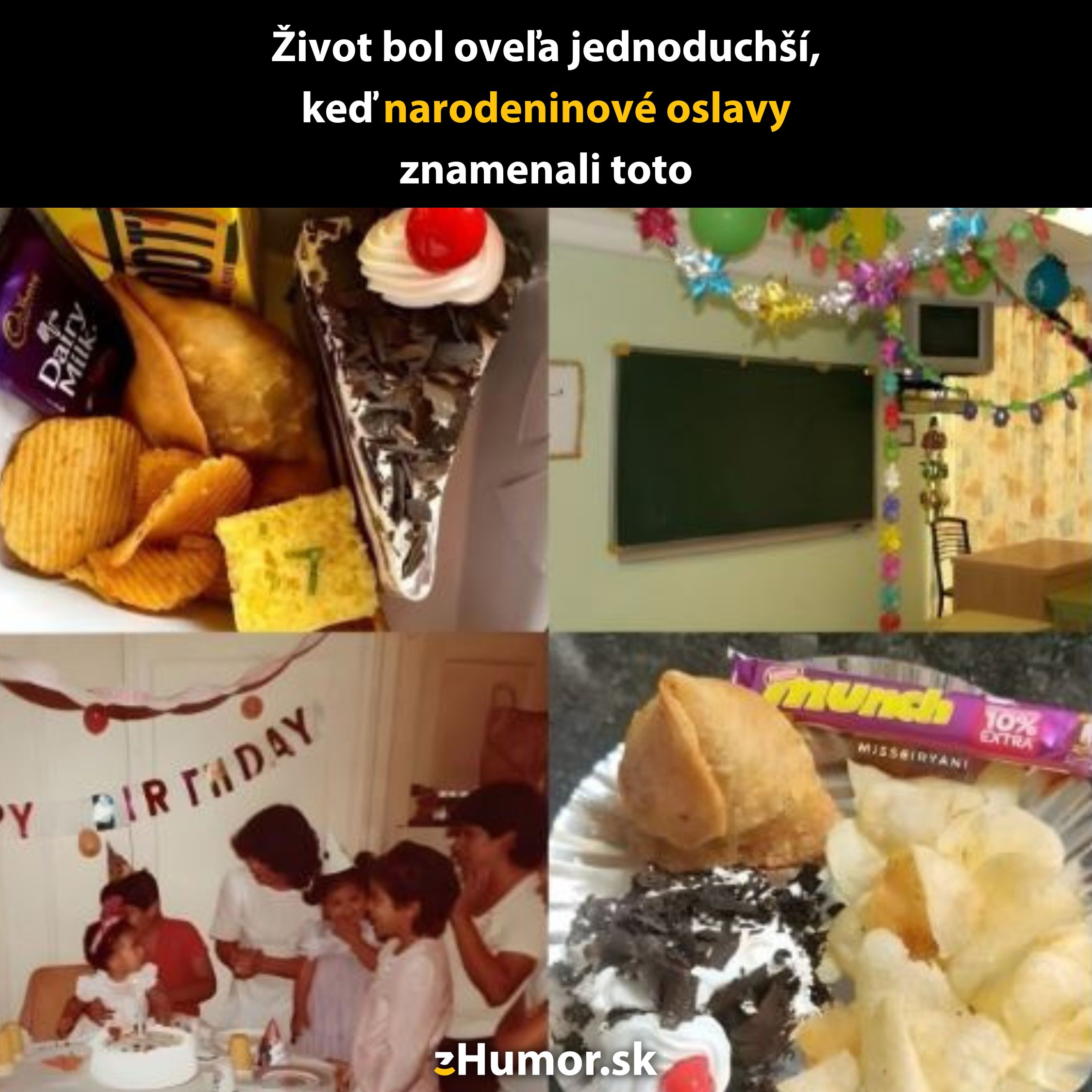Retro narodeninová oslava: balíčky čipsov, torta, samosa a rodinné stretnutie pod farebnou výzdobou.