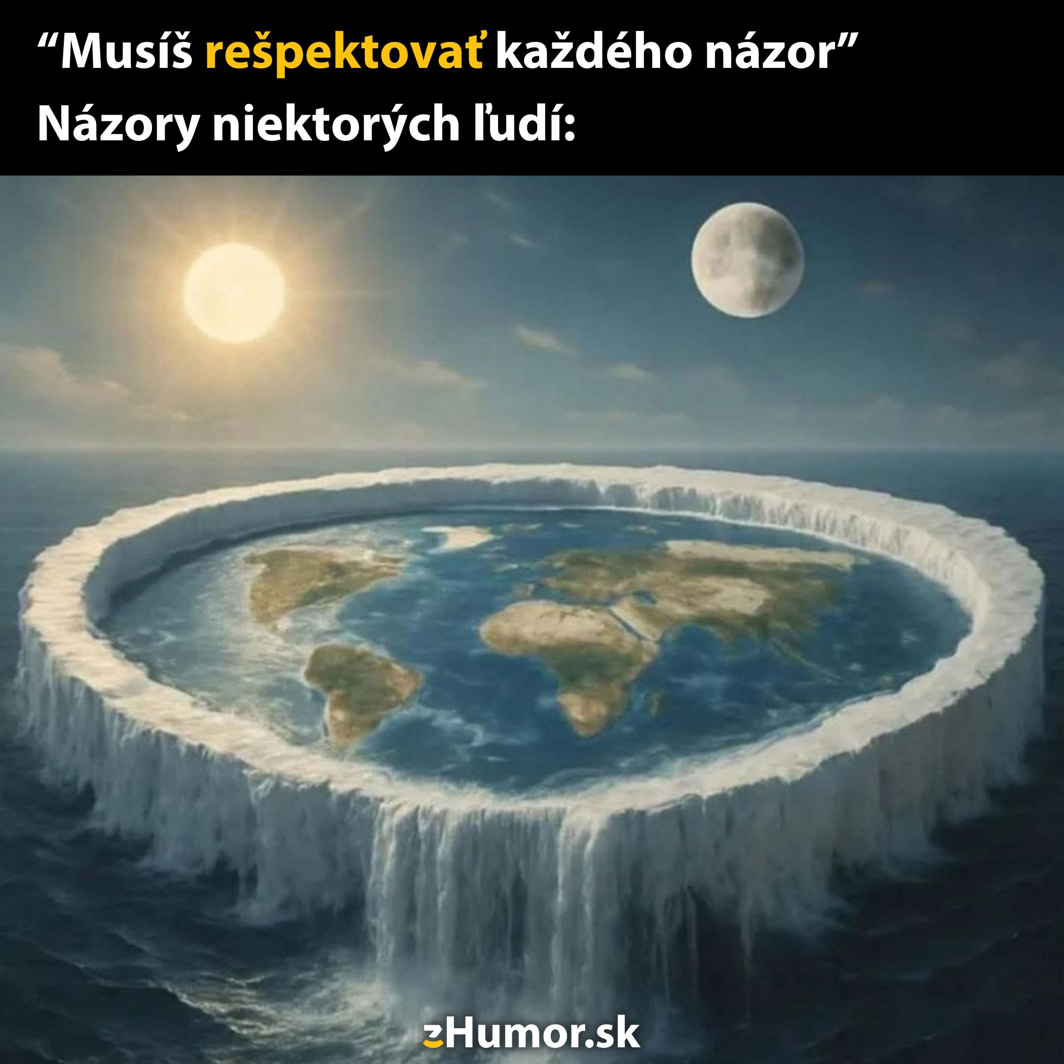 Ilustrácia plochej Zeme so slnkom a mesiacom, odkaz na teóriu plochej Zeme ako satirický pohľad na rôzne názory.