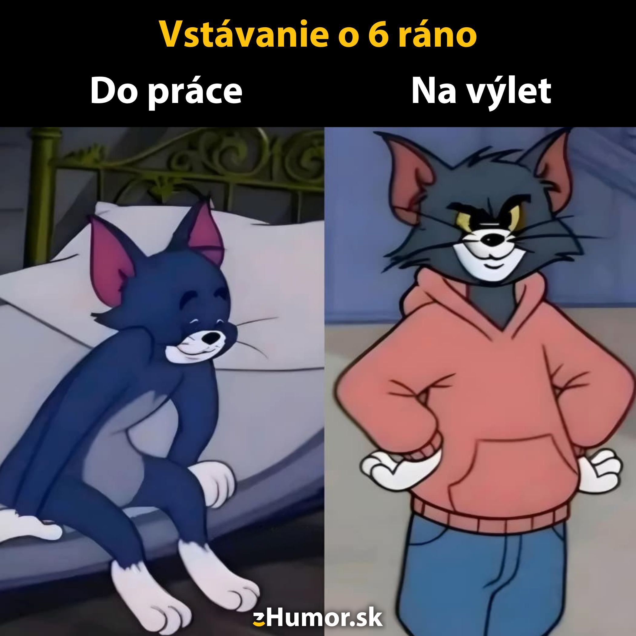 Kreslená postava ospalá na posteli vs. čulá v mikine, kontrast ranného vstávania do práce a na výlet.