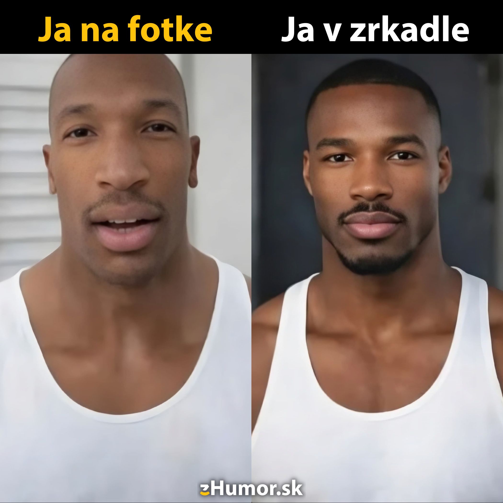 Porovnanie: Ako vyzeráme na fotke vs. v zrkadle, vtipne zobrazuje rozdiely v sebavnímaní.