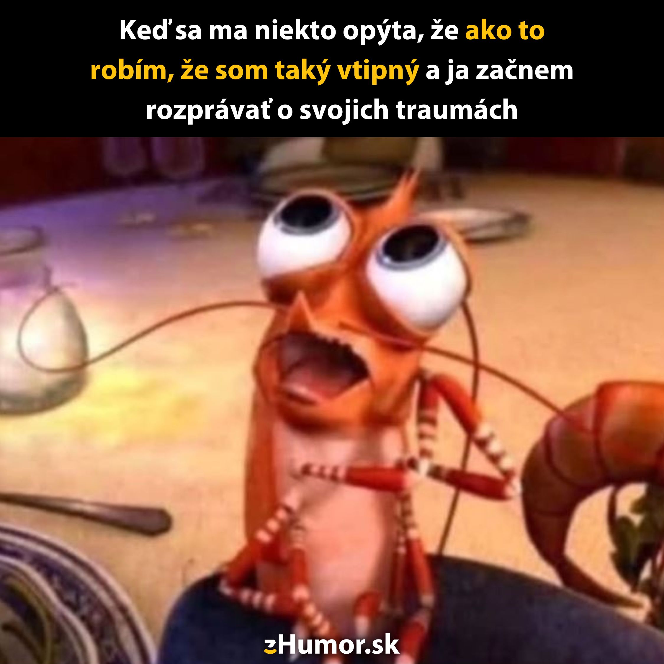 Animovaná kreveta so široko otvorenými ústami a vystrašeným pohľadom na stole. Text hovorí o humoru a traumách.