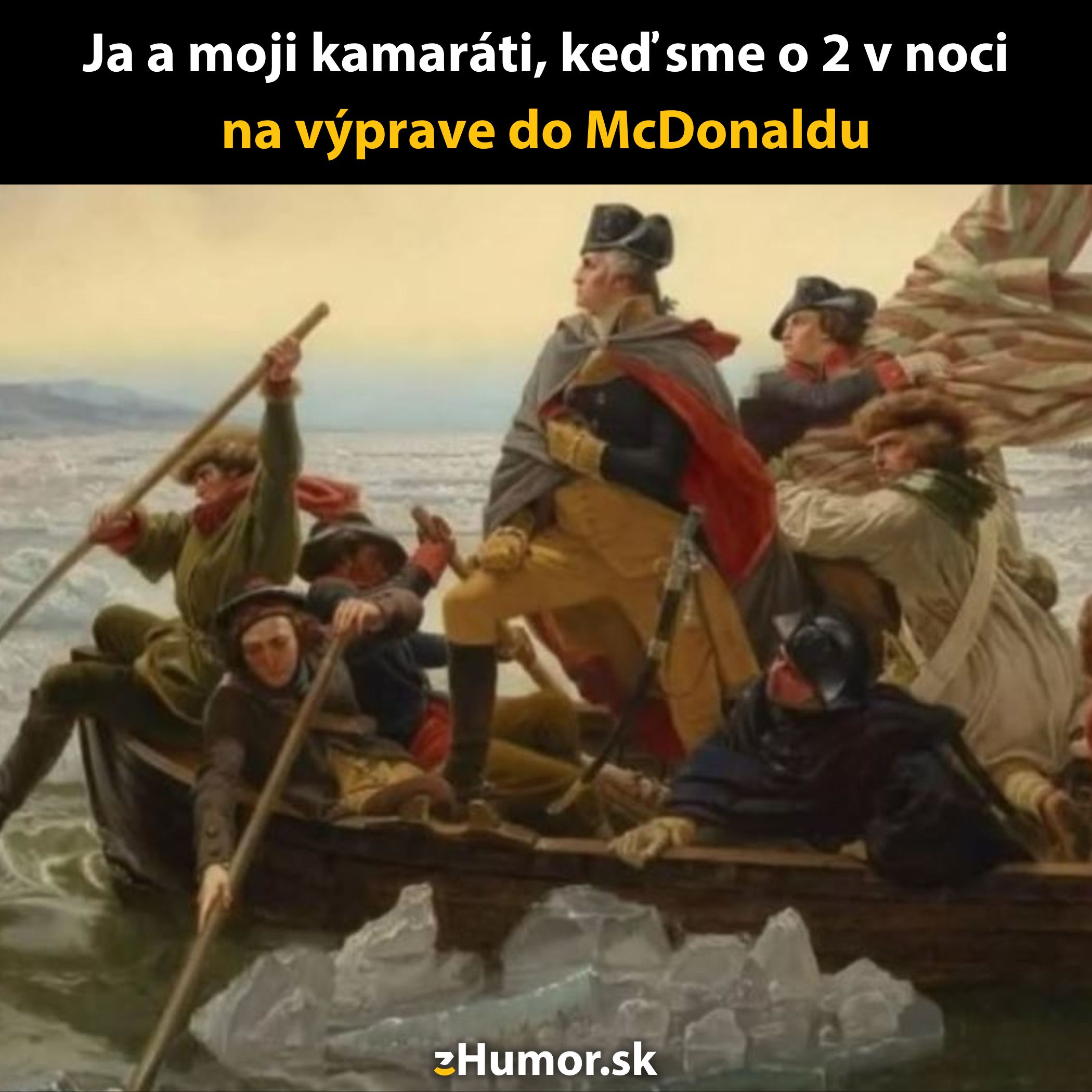 Skupina mužov na lodi, metaforicky smeruje do McDonaldu uprostred noci, humorná paródia na známe maľby.