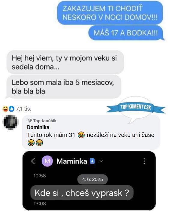 Konverzácia medzi matkou a dcérou o neskorých hodinách príchodu domov s humornými komentármi.