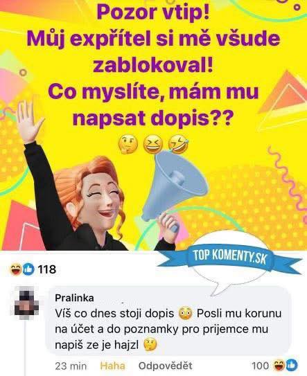 Vtipný obrázok o reakcii na ex-priateľa, ktorý zablokoval po rozchode. Diskusia o kreatívnom riešení.