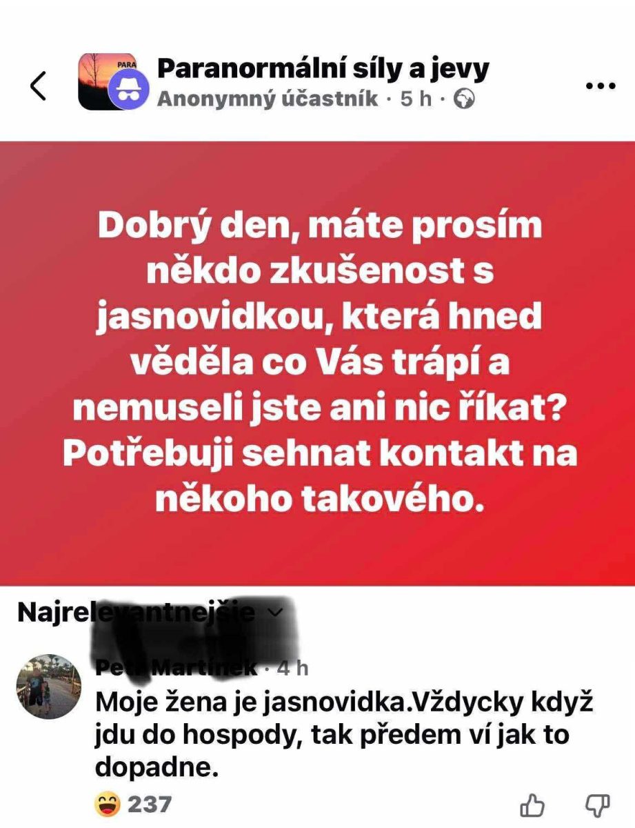 Dotaz na skúsenosť s jasnovidkou; komentár vtipne spomína manželku.