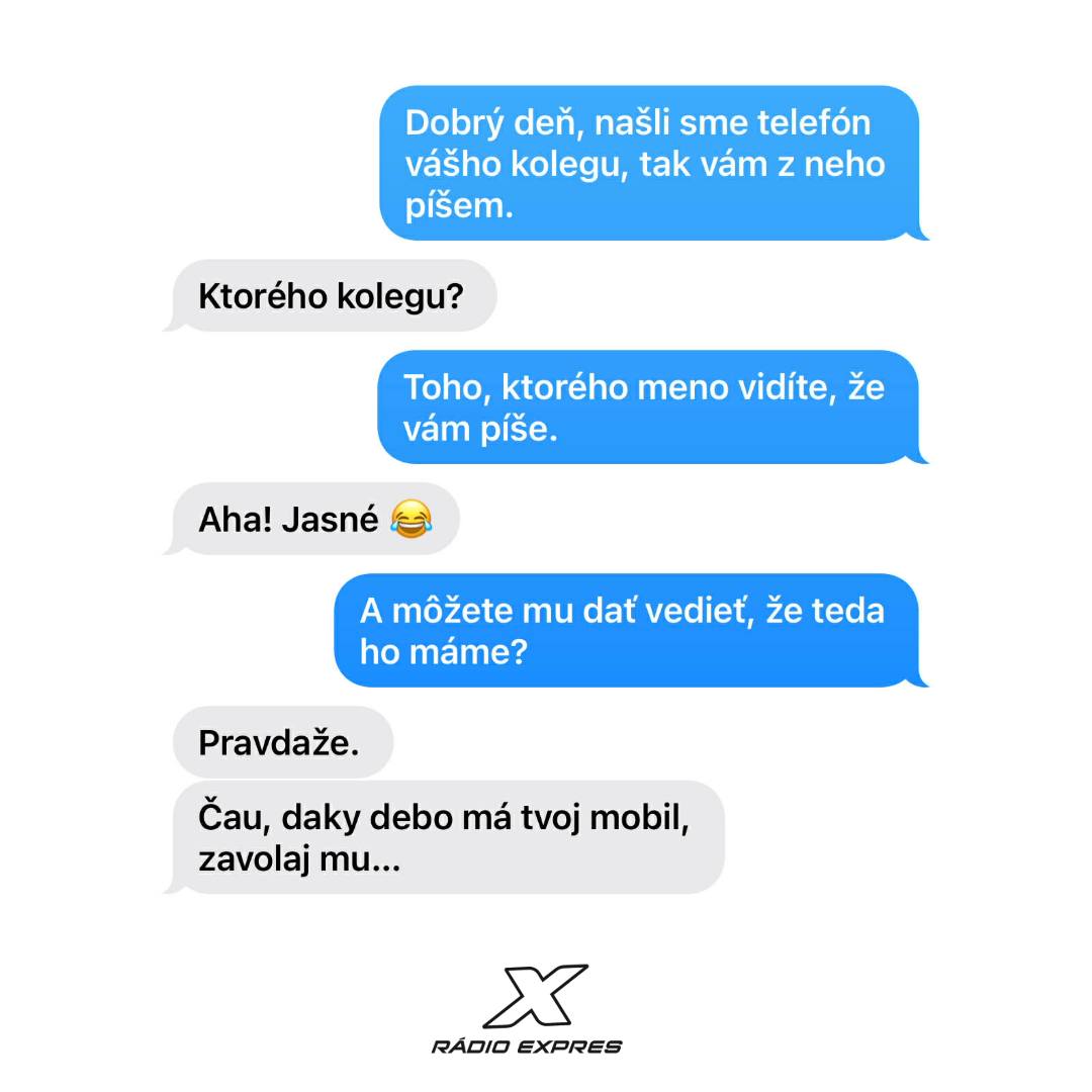 SMS konverzácia o nájdenom telefóne kolegu, s humoristickým záverom od Rádio Expres.