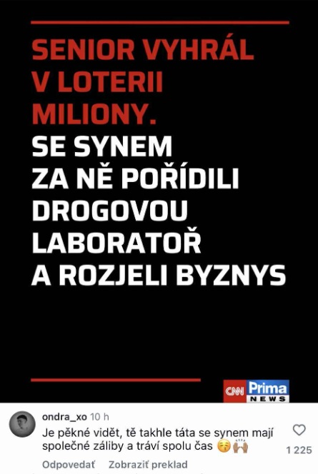 Senior vyhral v lotérii a investoval do kontroverzného podnikania so synom, text na čiernom pozadí.