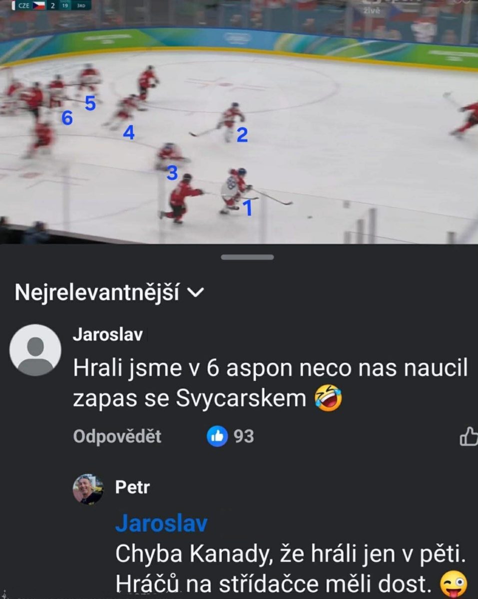 Hokejový zápas, šest hráčov v červenom na ľade; vtipný komentár o hre proti Švajčiarsku.