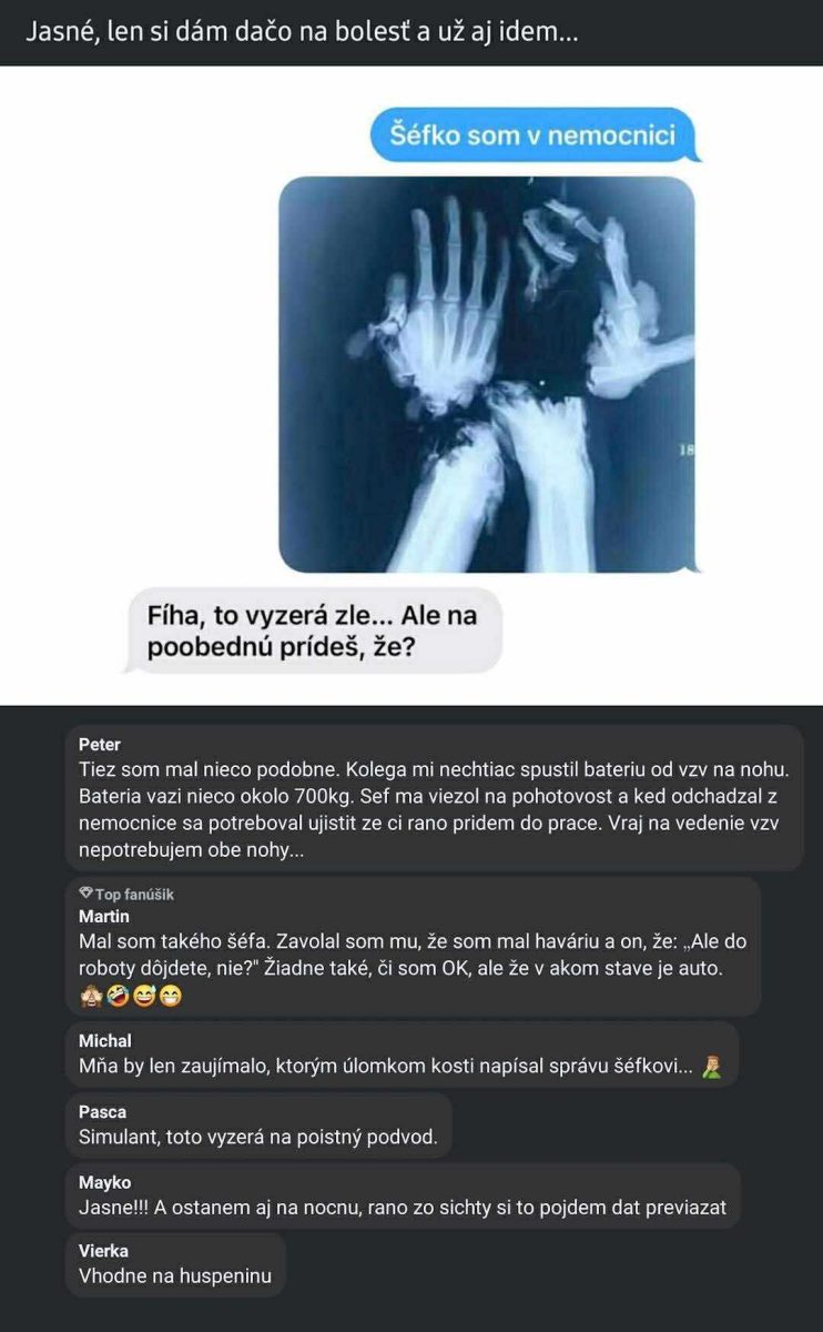 Röntgenová snímka ruky so zlomeninami a vtipná konverzácia o návrate do práce napriek zraneniu.