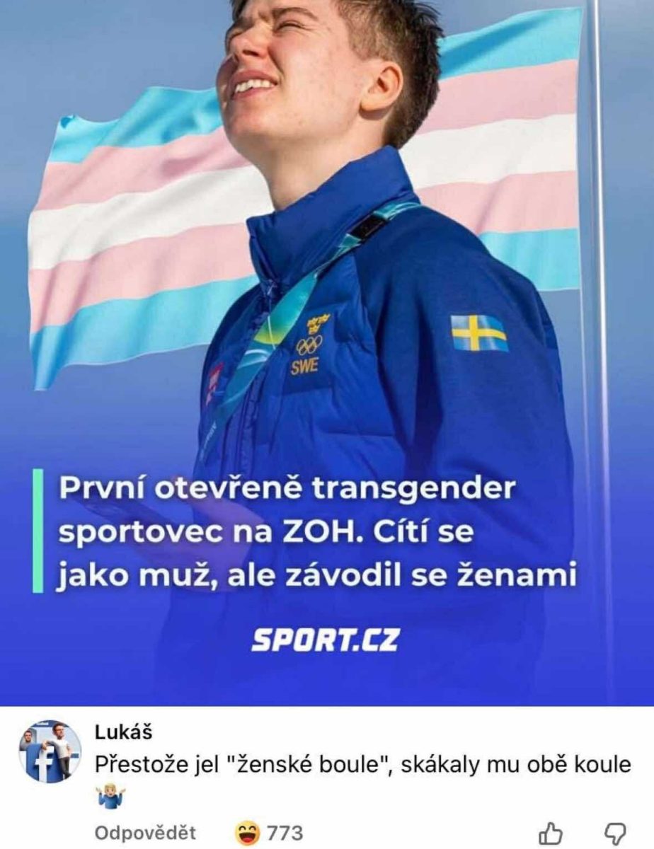 Osvietený športovec v modrej bunde s vlajkou v pozadí, reprezentácie a povzbudenie v trans témach.