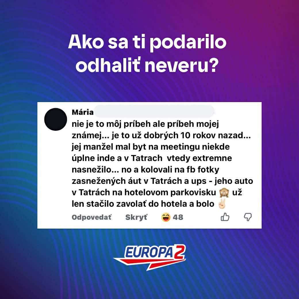 Príbeh o odhalení nevery cez zasnežené auto na parkingu v Tatrách, zverejnený na Facebooku. Rádio Europa 2.