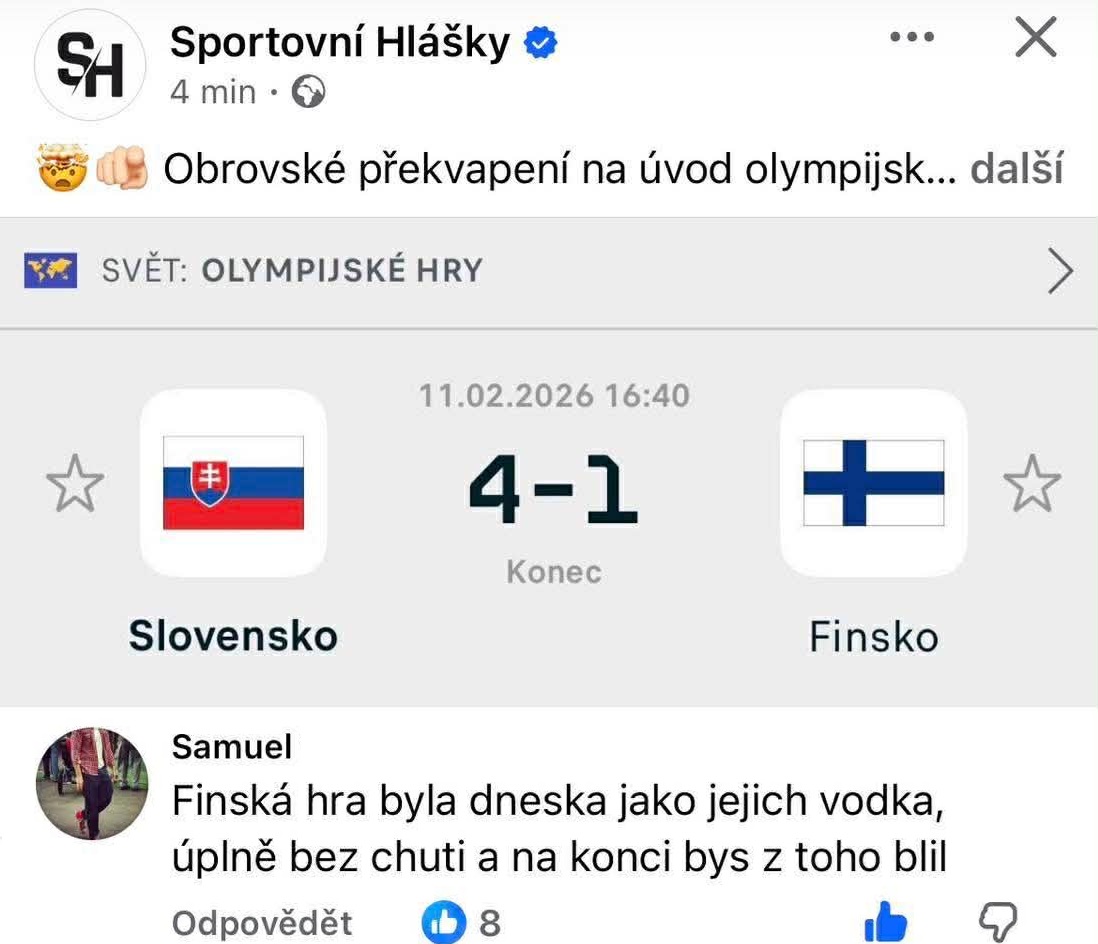 Slovensko porazilo Fínsko 4:1 na olympijských hrách 2026, šokujúci výsledok.