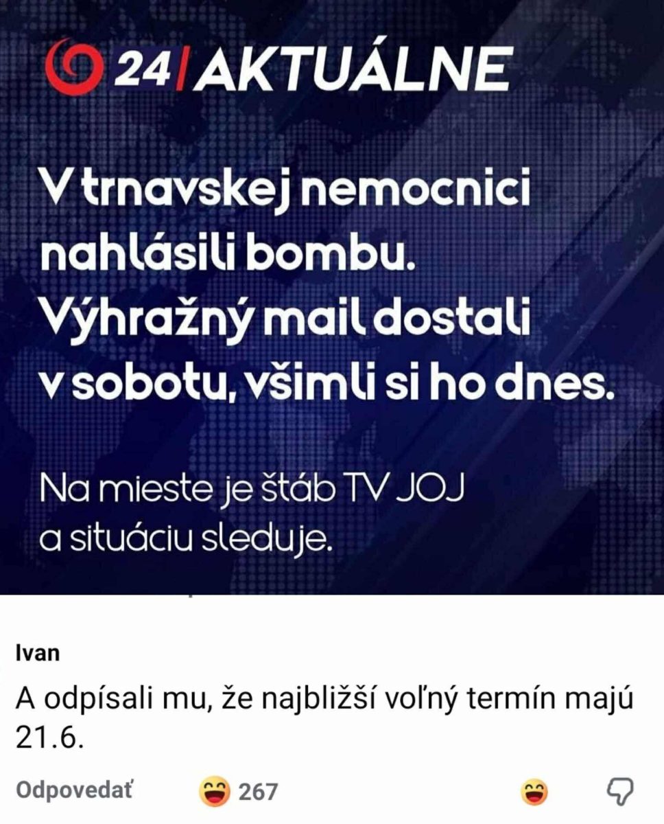 V trnavskej nemocnici nahlásili bombu, na mieste je štáb TV JOJ a situáciu sleduje.