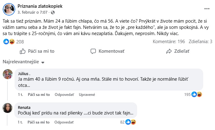 Príspevok na Facebooku diskutuje vzťahy s veľkým vekovým rozdielom.