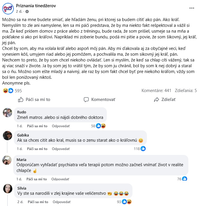 Príspevok z Facebooku o túžbe byť kráľom vo vzťahu, obsahuje komentáre a reakcie.