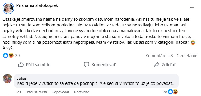 Priznanie ženy o starnutí a zníženej pozornosti od mužov na sociálnej sieti, diskusia v komentároch.