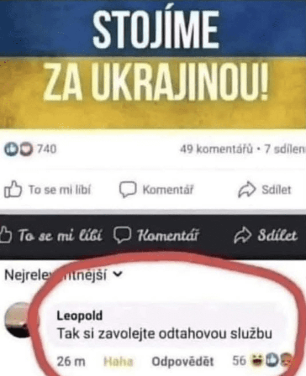 Meme s komentárom na sociálnej sieti: „Stojíme za Ukrajinou!“, odpoveď: „Tak si zavolejte odťahovú službu.“