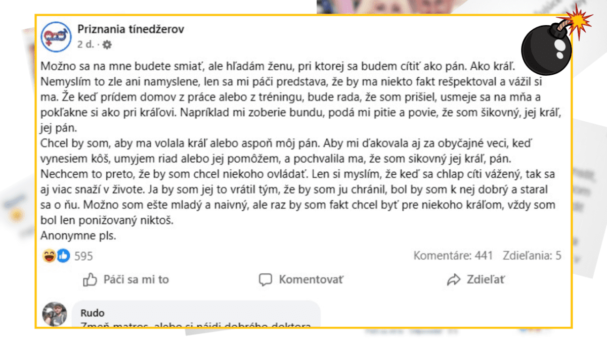 Facebook príspevok od Priznania tínedžerov o túžbe mladého muža byť váženým kráľom vo vzťahu.