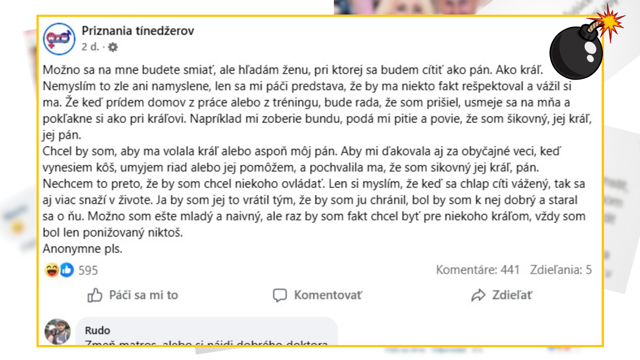 Facebook príspevok od Priznania tínedžerov o túžbe mladého muža byť váženým kráľom vo vzťahu.