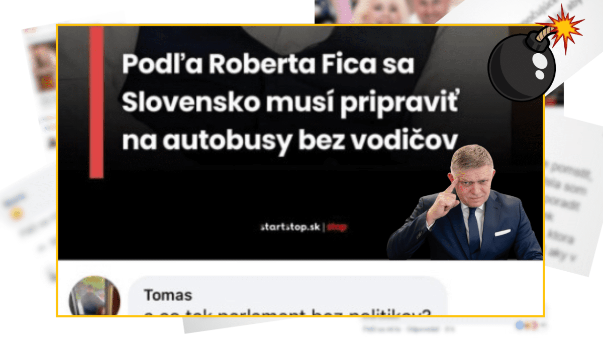 Obrázok s textom o príprave Slovenska na autobusy bez vodičov podľa R. Fica, doplnený ilustračným obrázkom muža.