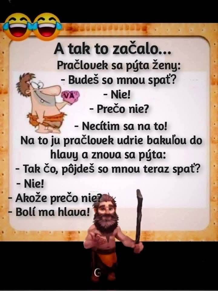 Vtipný text s pravekým motívom o odmietnutí partnera a bolesti hlavy so zábavnými ilustráciami pravekých ľudí.