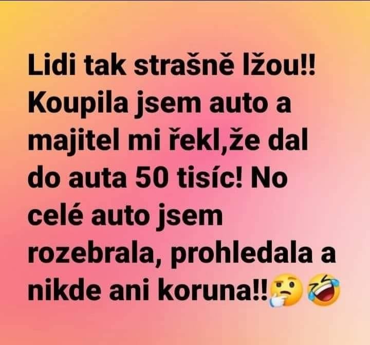 Žena sa sťažuje na predajcu auta, ktorý tvrdil, že investoval 50 tisíc, ale nič nenašla. Text s emotikonmi na farebnom