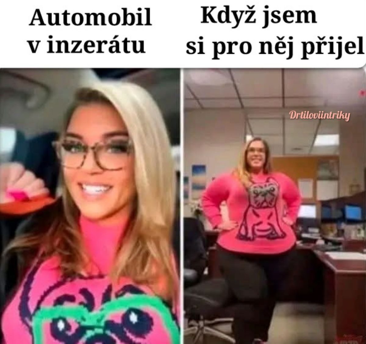 Dvojica obrázkov ženy v ružovom svetri s rôznym vzhľadom a textom o očakávaniach versus realite.