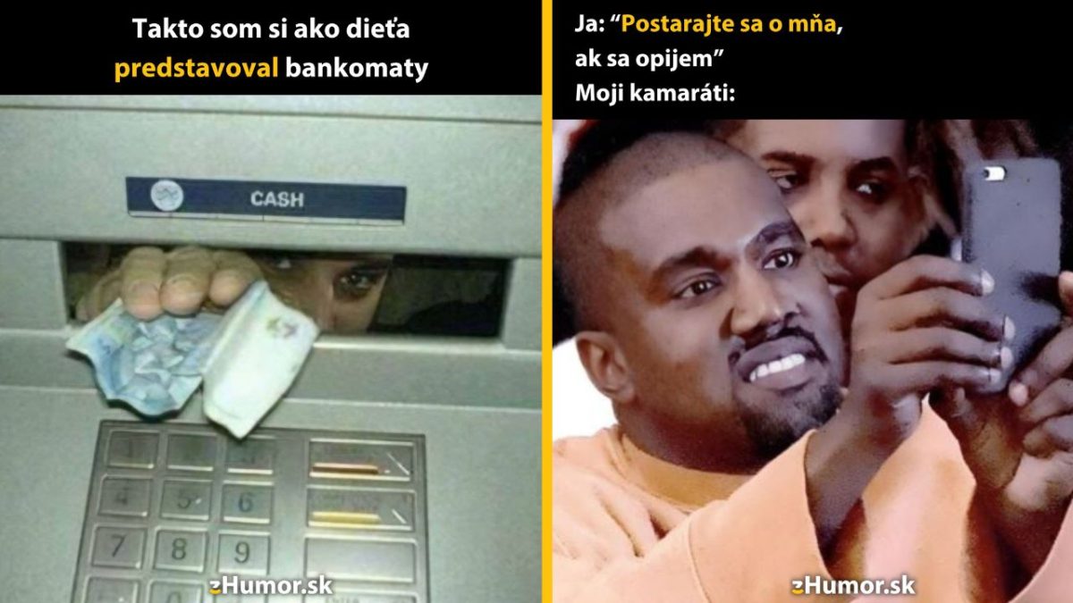 Osoba podáva peniaze cez bankomat; vtip o detských predstavách a nespoľahlivých kamarátoch, ktorí fotia namiesto pomoci.
