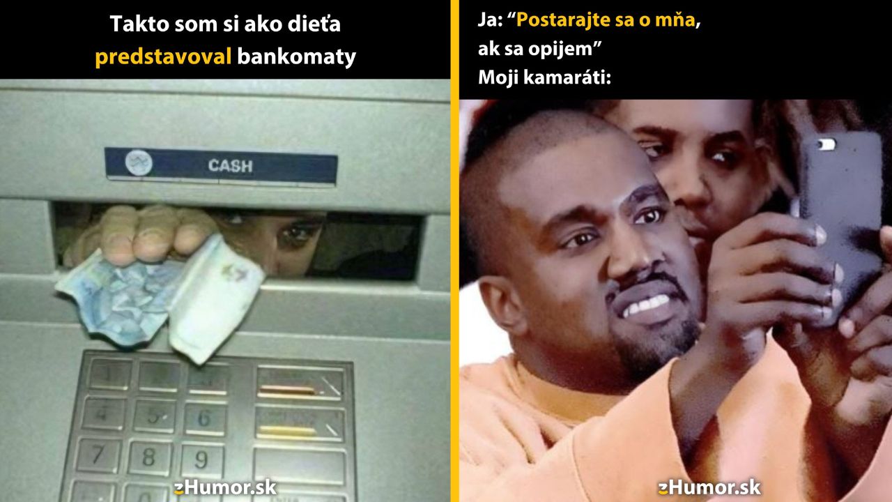 Osoba podáva peniaze cez bankomat; vtip o detských predstavách a nespoľahlivých kamarátoch, ktorí fotia namiesto pomoci.