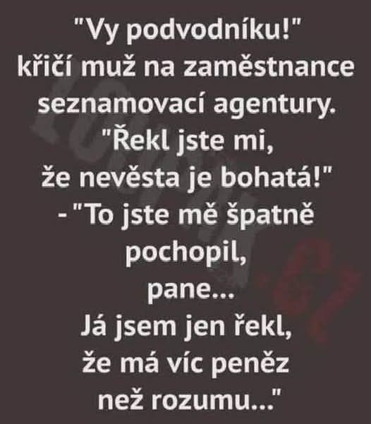 Muž konfrontuje zamestnanca zoznamky: Tvrdili ste, že nevesta je bohatá! Odpoveď: Má viac peňazí než rozumu.