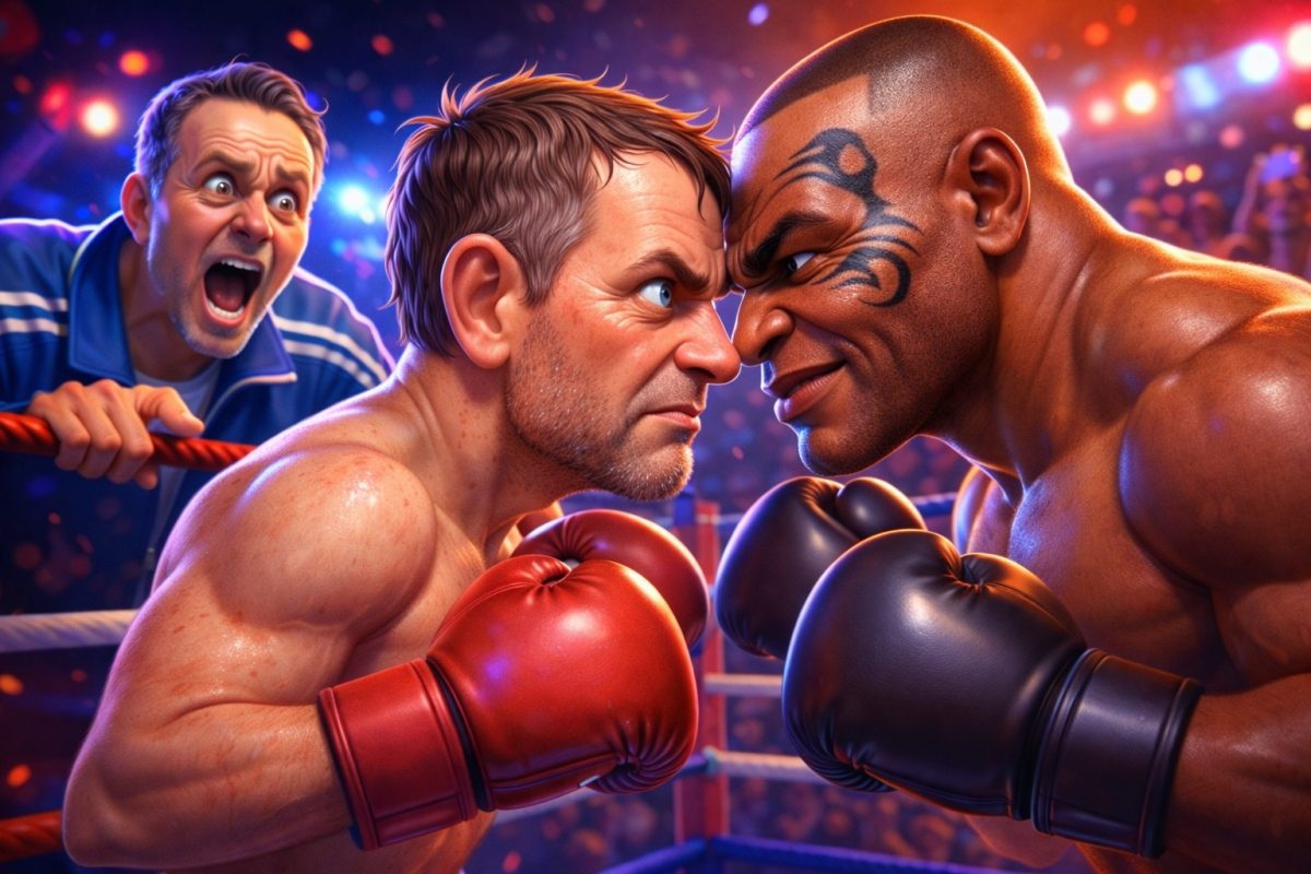 Boxerský zápas: dvoch bojovníkov v ringu pripravených na súboj, tréner kričí v pozadí.