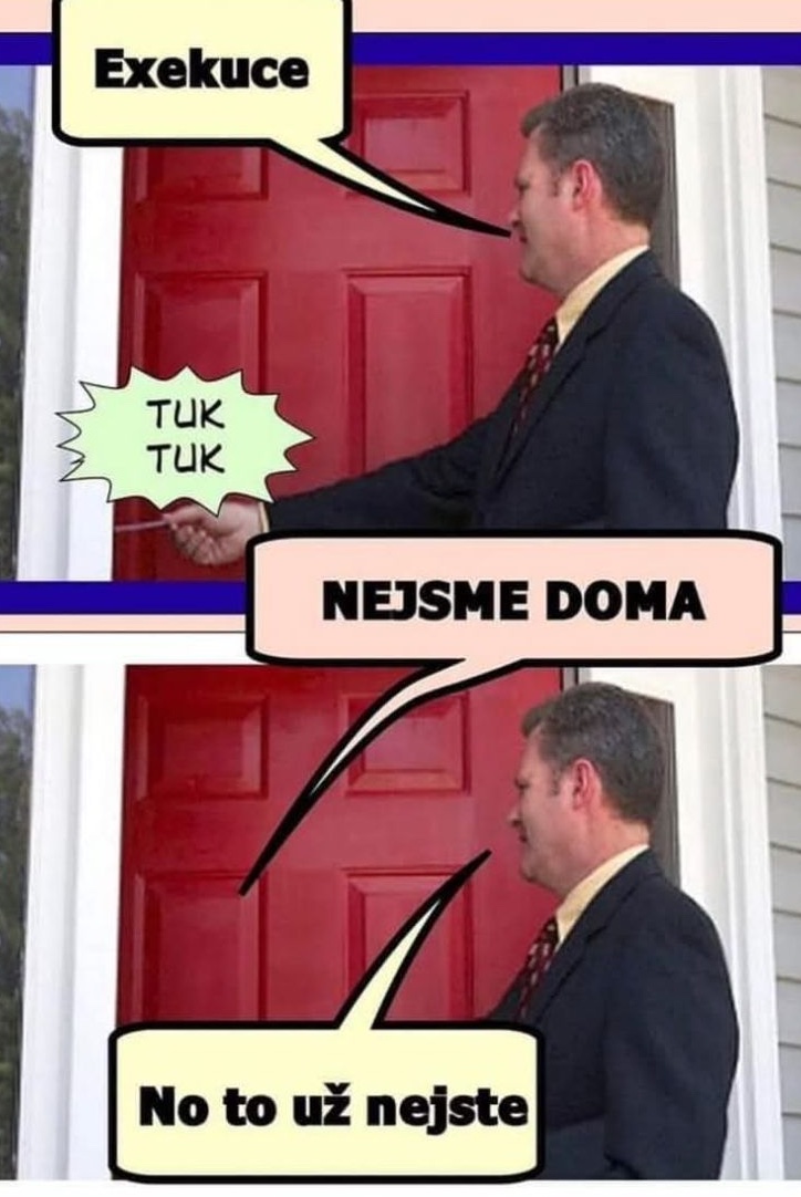 Muž v obleku klopúci na červené dvere s bublinou Exekuce a odpoveďou Nejsme doma v komiksovom štýle.