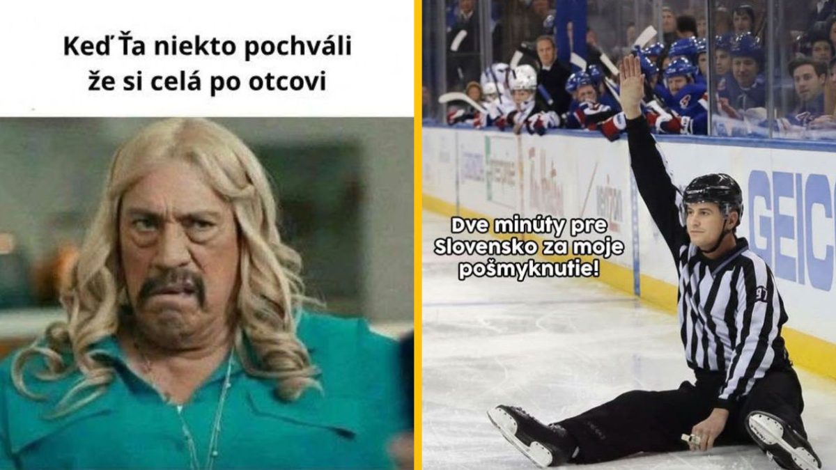 Muž s parochňou vtipne reaguje na kompliment o podobe s otcom; rozhodca na ľade vtipkuje po uklznutí. Mem s humorom.