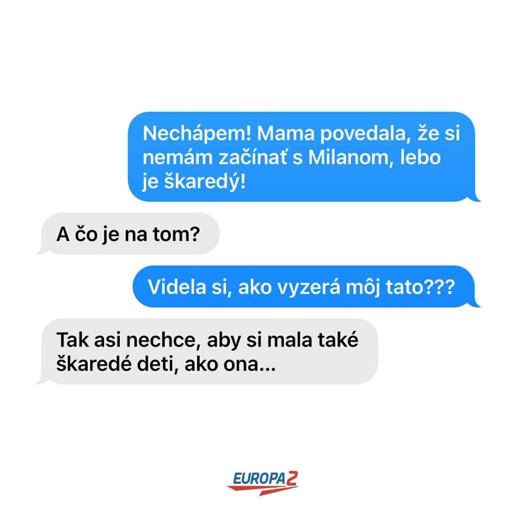 Textová konverzácia o vzhľade partnerov a rodičovských očakávaniach s humoristickým podtónom.