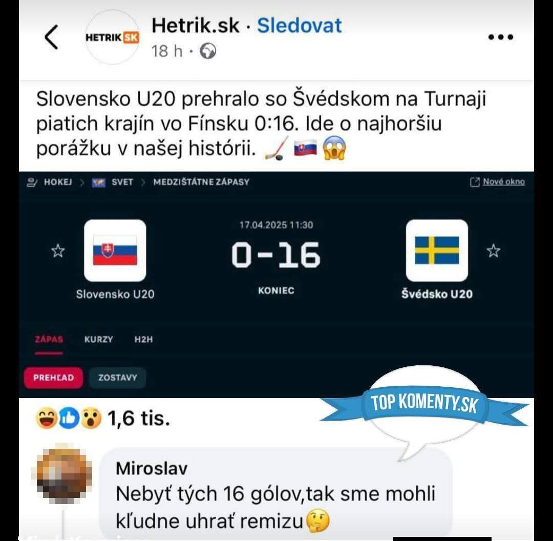 Slovensko U20 prehralo so Švédskom 0:16 na turnaji v hokeji. Najhoršia porážka v histórii nášho tímu.