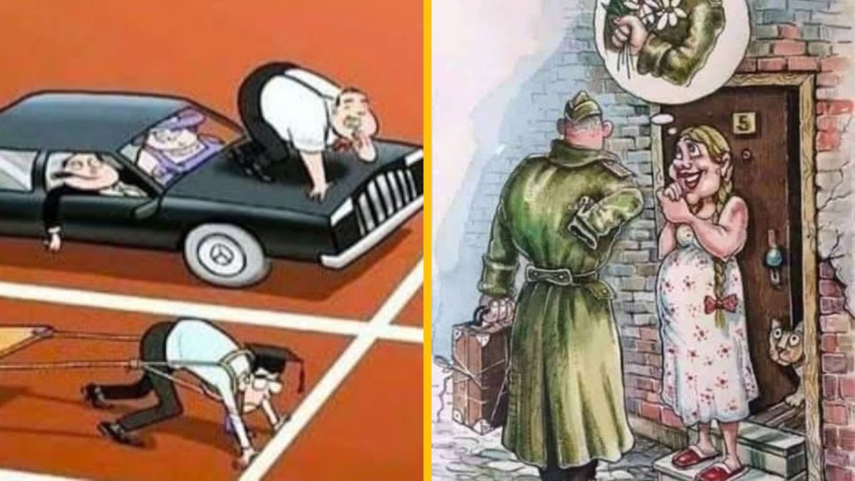 Kreslené paródie: Zábavné situácie s bežiacim mužom a vojakom pred dverami.